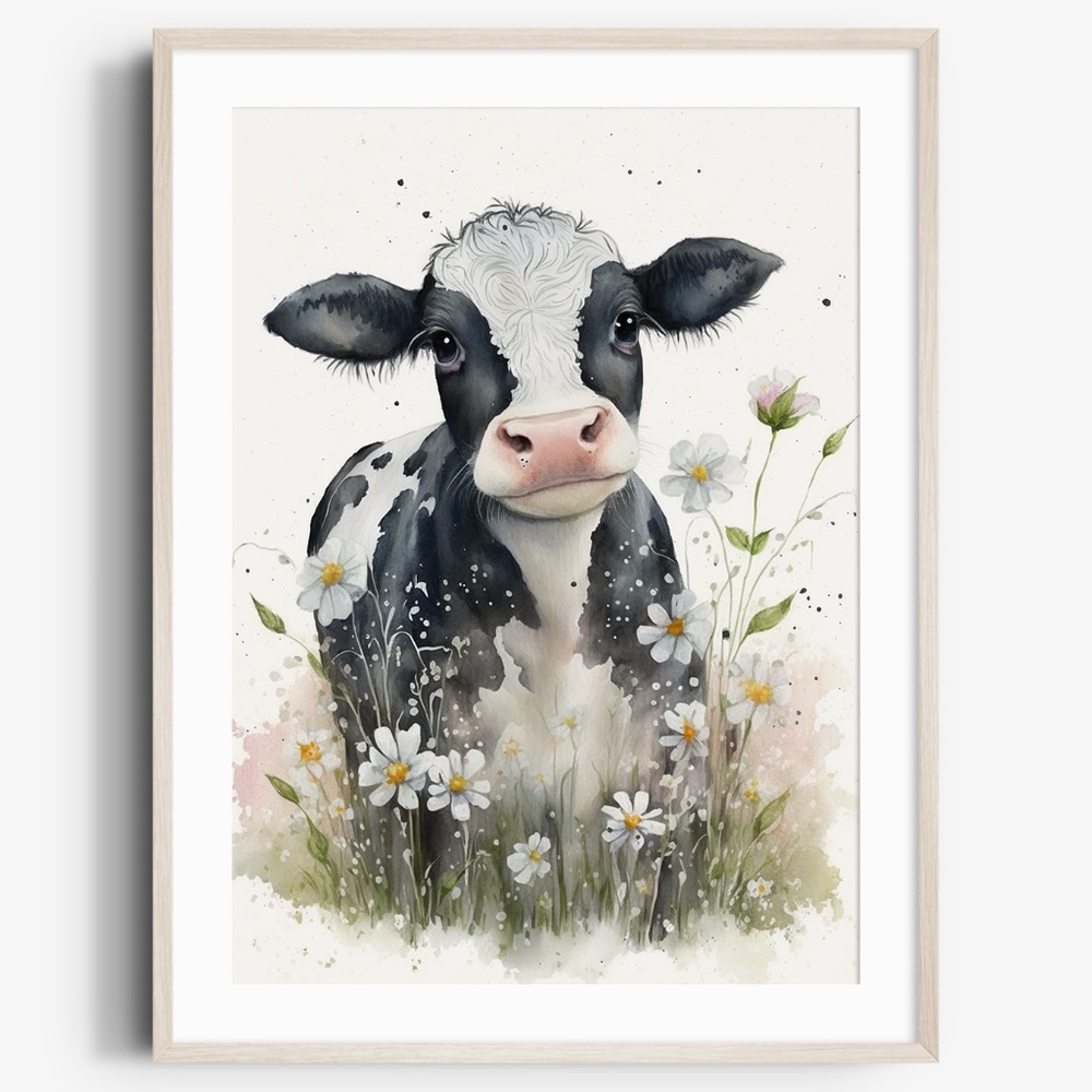 Watercolor Cute Floral Farm Cow Wall Art Illustration Print Poster Unframed